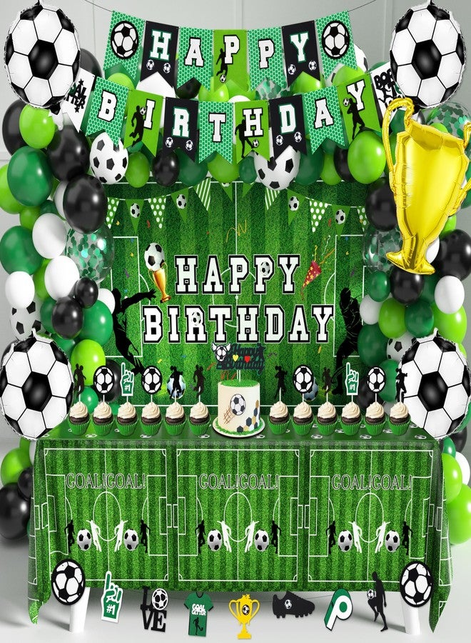 BORAMDO Soccer Birthday Party Decorations 87Pcs Soccer Birthday Party Supplies Including Tablecloth Backdrop Banner Cake Topper Latex Balloons Foil Balloons Decorations Kit - Image 1